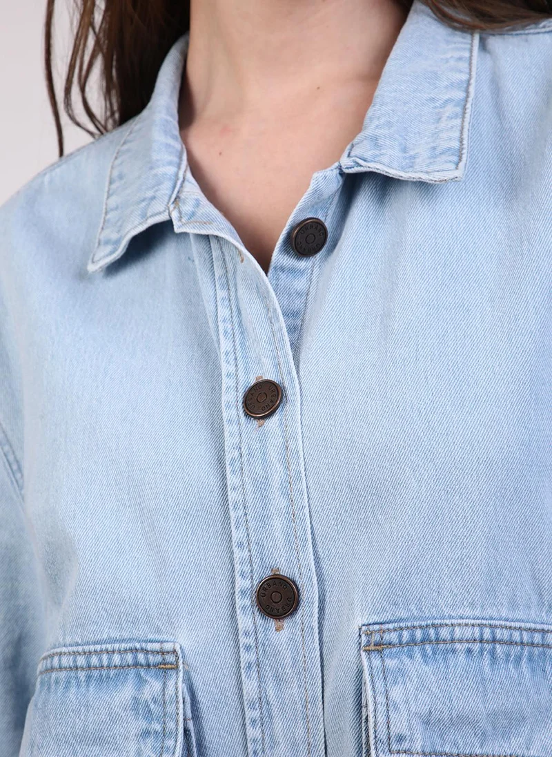 Urbano Fashion  Urbano Fashion Women's Ice Blue Relaxed Fit Full Sleeve Utility Denim Jacket for Women | Best Price UAE